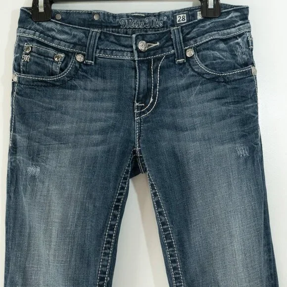 Miss Me Jeweled Boot Jeans y2k Bedazzled Iron Cross Embroidered Flare Denim - Picture 4 of 11